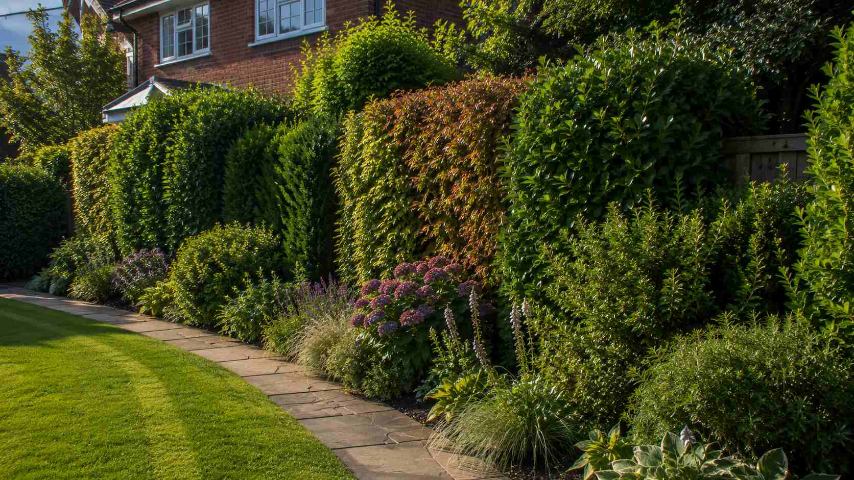 A beautifully landscaped garden with lawn, patio and planted borders in Surrey