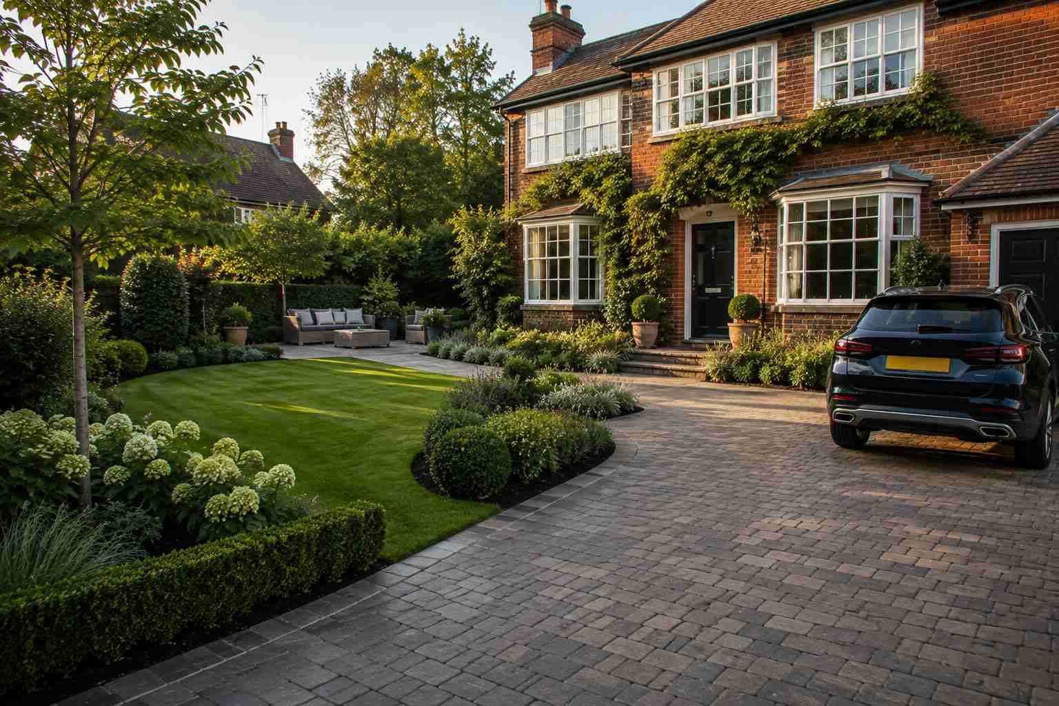 A beautifully landscaped garden with lawn, patio and planted borders in Surrey