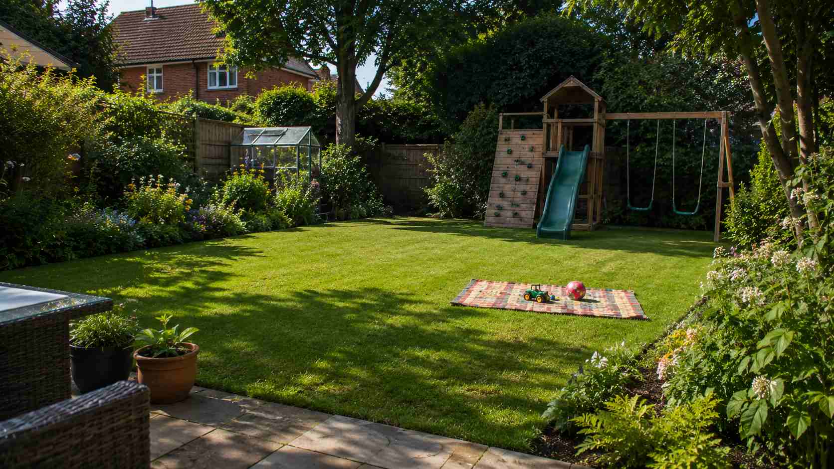 A beautifully landscaped garden with lawn, patio and planted borders in Surrey