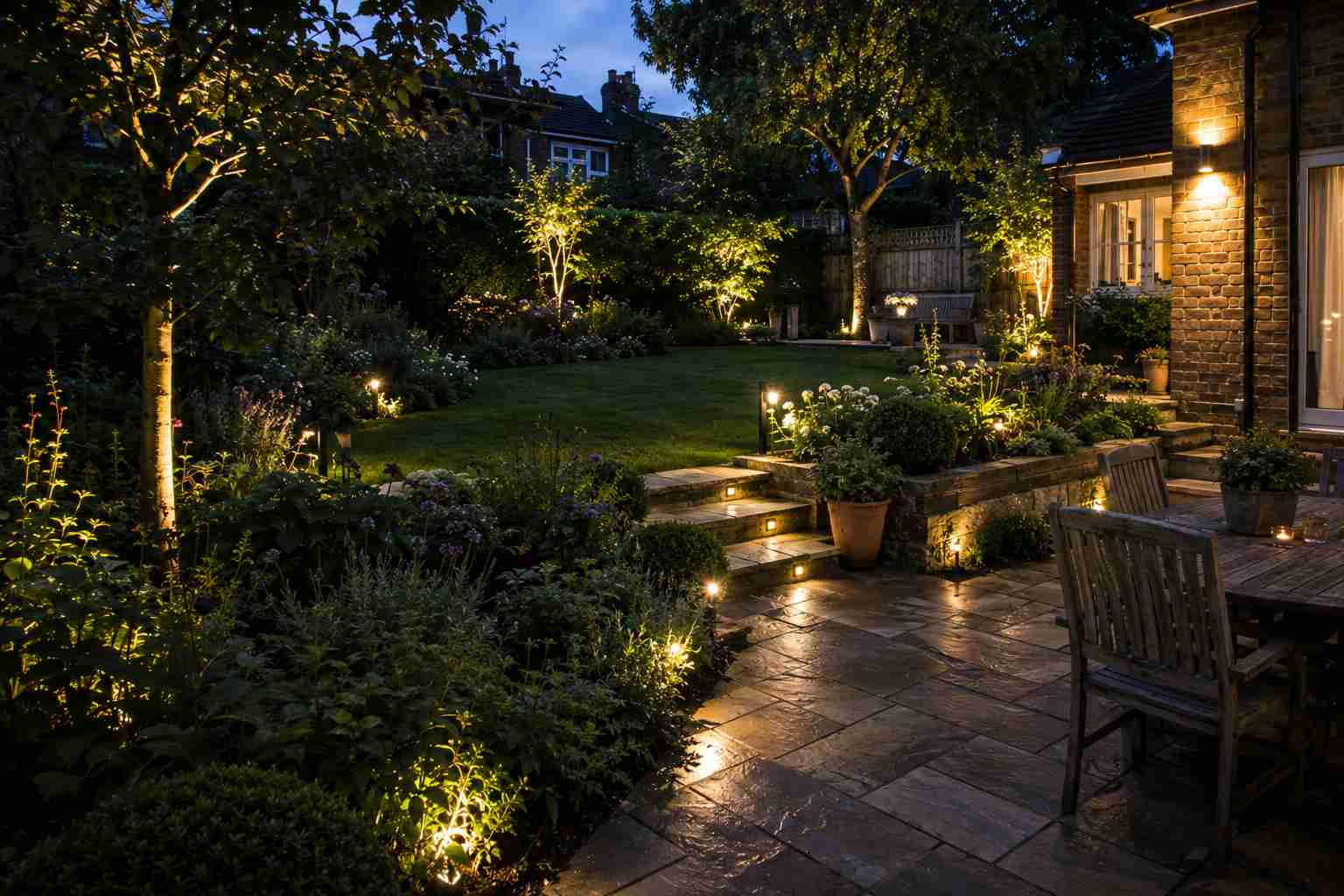 A beautifully landscaped garden with lawn, patio and planted borders in Surrey