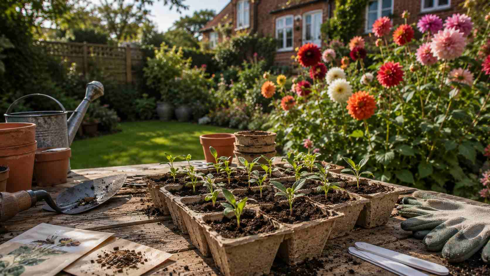 A beautifully landscaped garden with lawn, patio and planted borders in Surrey