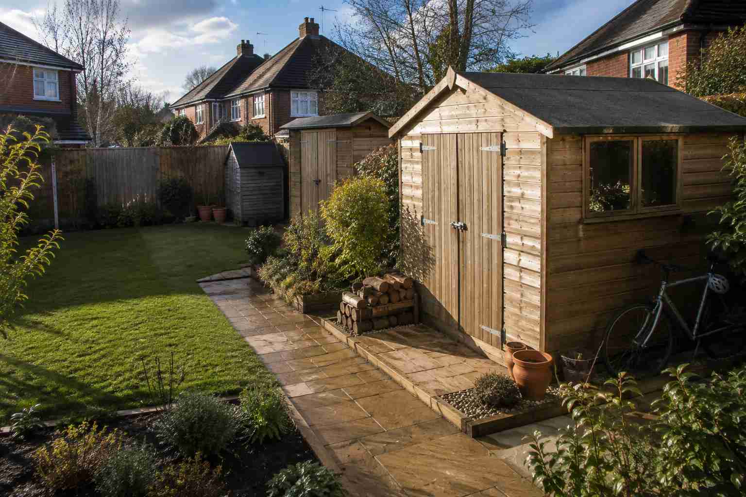 A beautifully landscaped garden with lawn, patio and planted borders in Surrey
