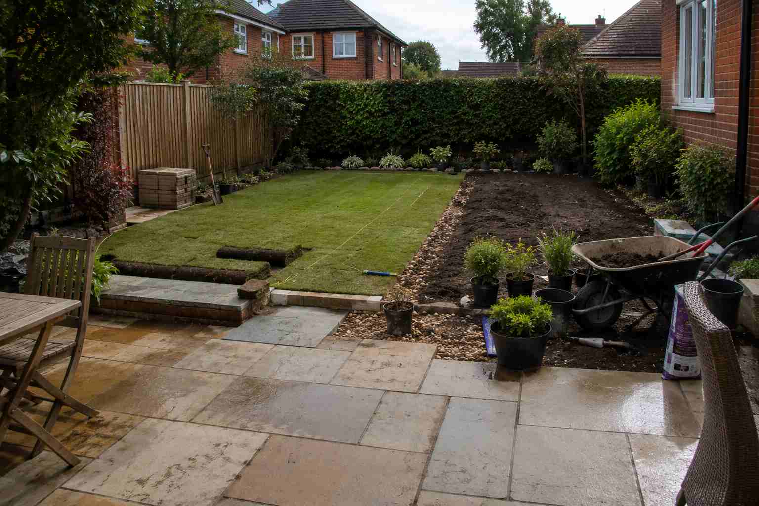 A beautifully landscaped garden with lawn, patio and planted borders in Surrey