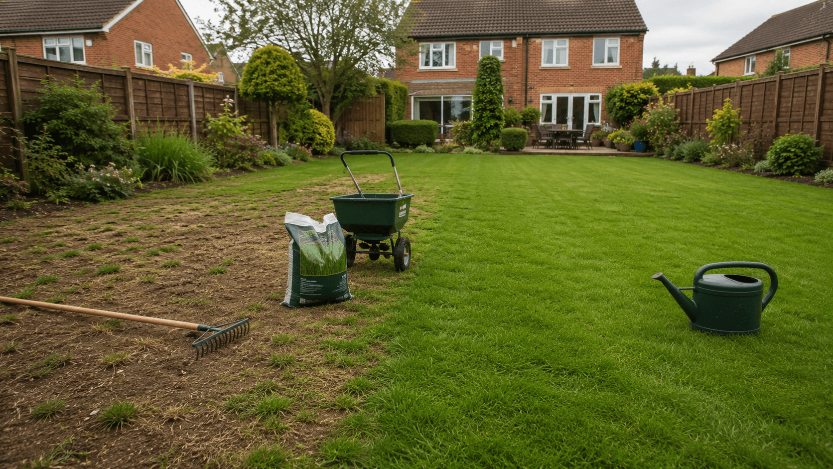 A beautifully landscaped garden with lawn, patio and planted borders in Surrey