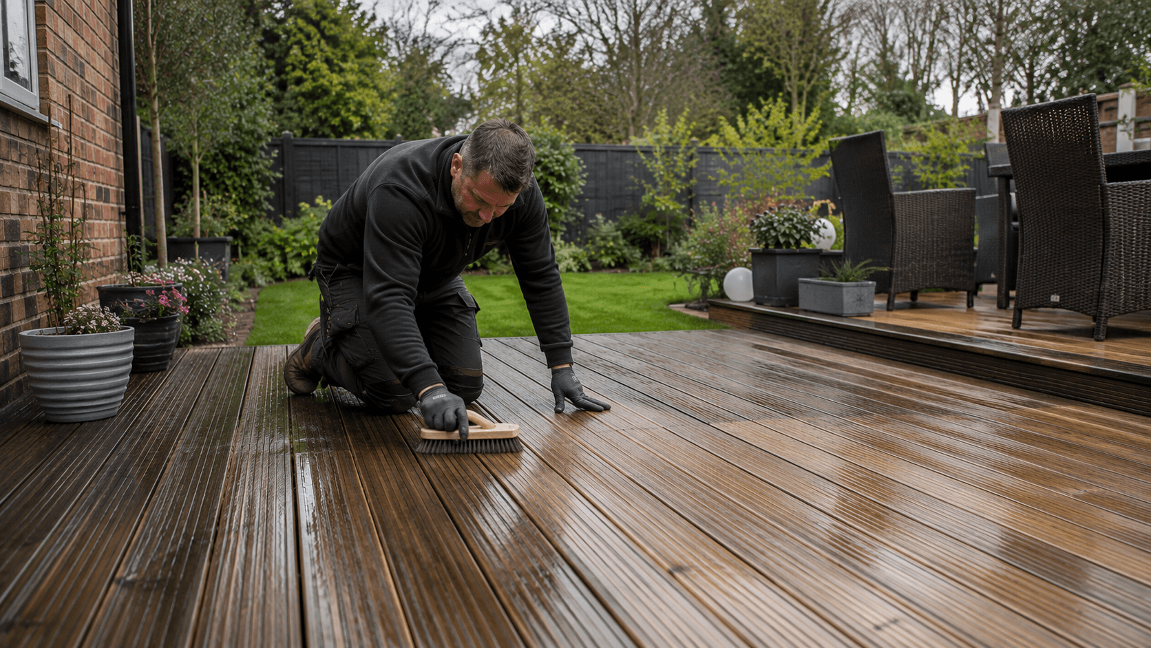 A beautifully landscaped garden with lawn, patio and planted borders in Surrey