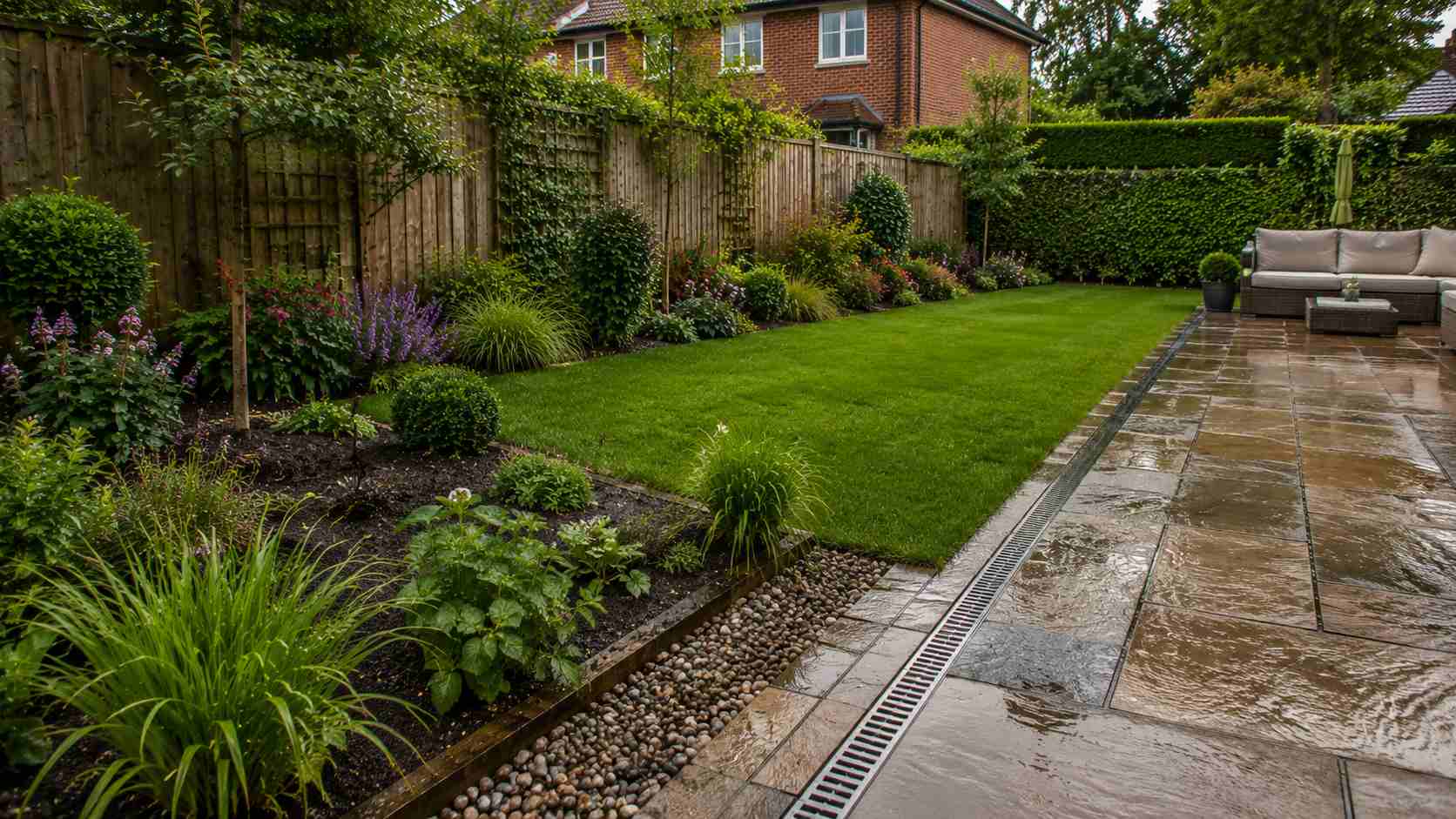 A beautifully landscaped garden with lawn, patio and planted borders in Surrey