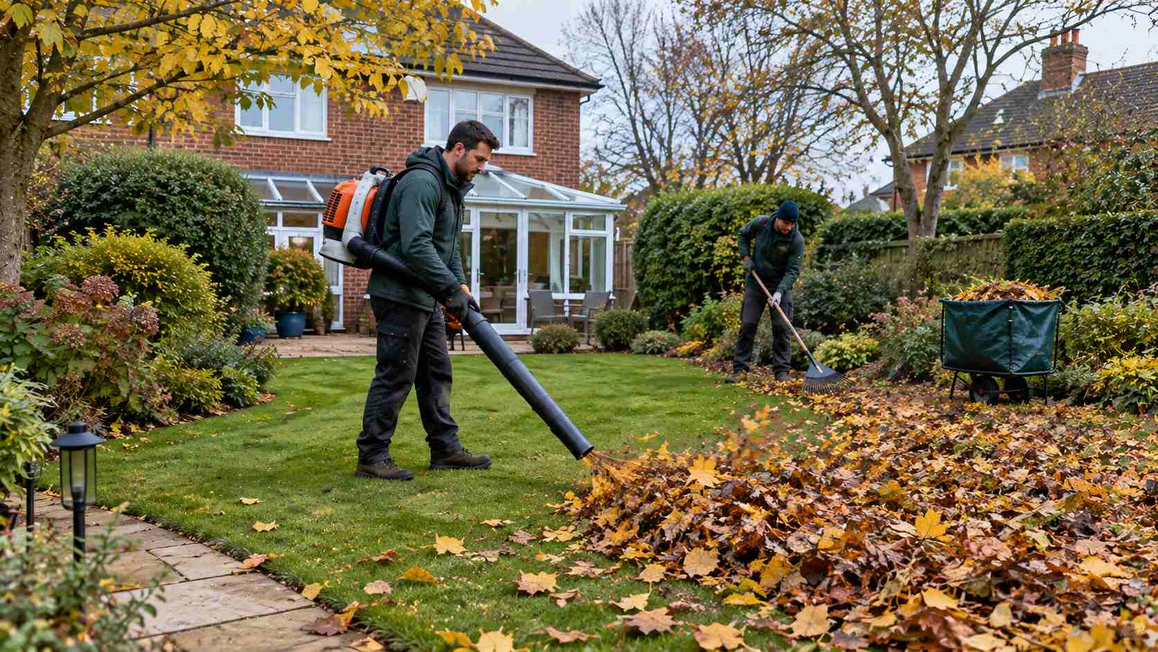 A beautifully landscaped garden with lawn, patio and planted borders in Surrey