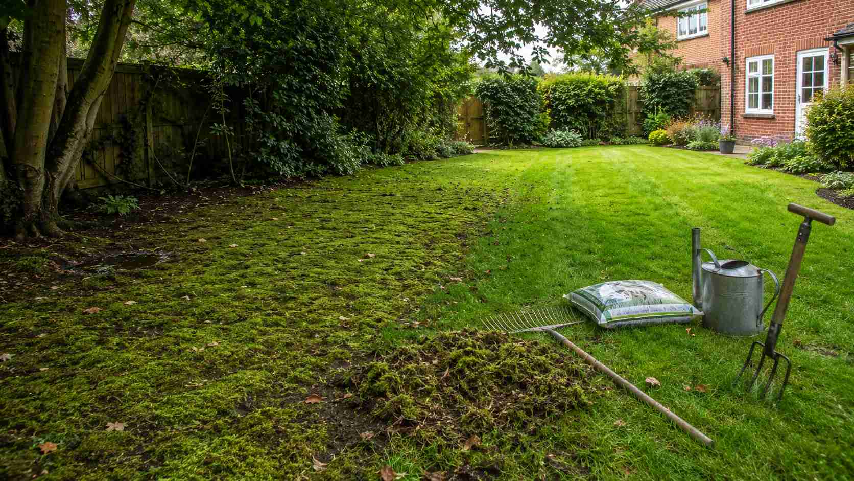 A beautifully landscaped garden with lawn, patio and planted borders in Surrey