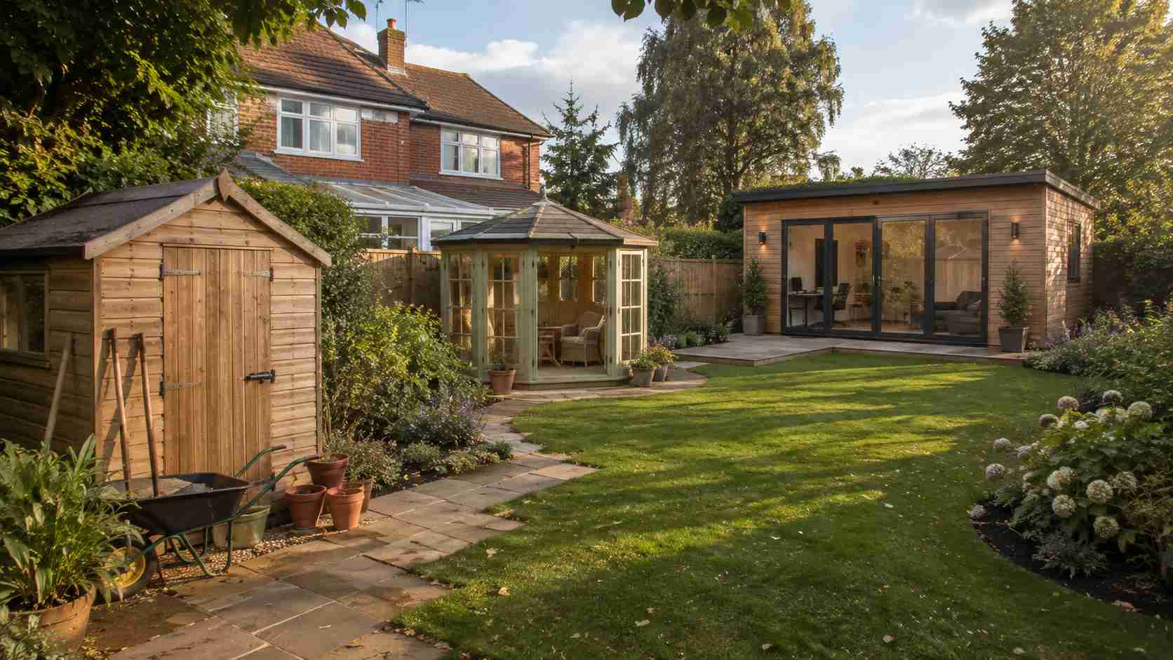 A beautifully landscaped garden with lawn, patio and planted borders in Surrey