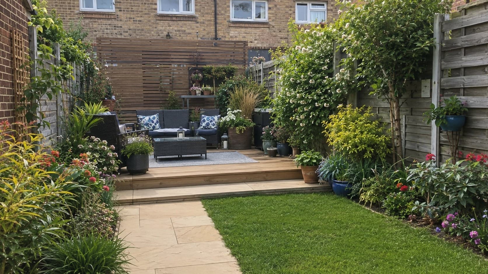 A beautifully landscaped garden with lawn, patio and planted borders in Surrey